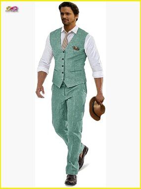Linen Suit Slim Fit Men's Two Piece Vest Pants Set Formal Business Wedding